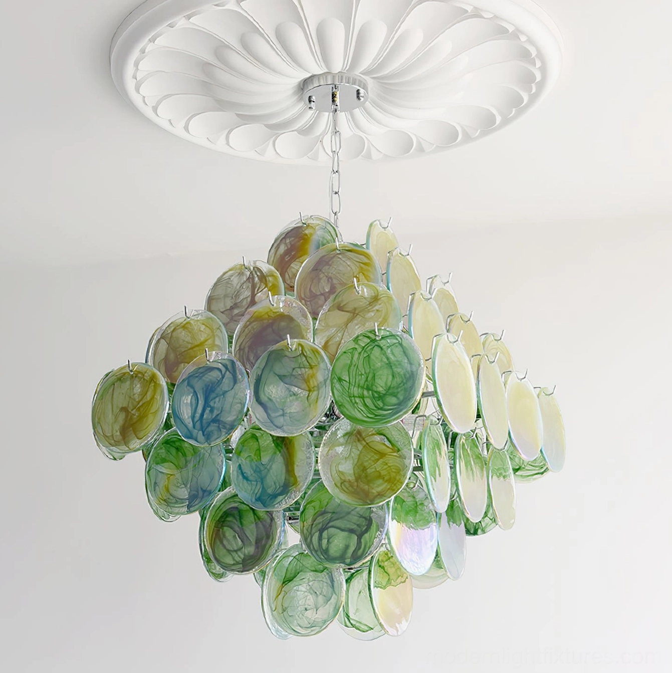 Murano glass disc chandelier detailed view highlighting individual glass element quality and chrome suspension