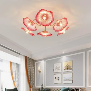 5-head Murano glass flower ceiling light installed in modern American living room, upward ceiling view showing warm light diffusion through frosted petals
