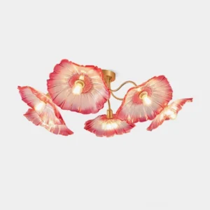 Murano glass flower ceiling light with 5 red gradient frosted glass petals and gold metal frame on white background