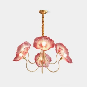 Murano glass flower chandelier with gold frame and frosted clear glass petals, front view on white background
