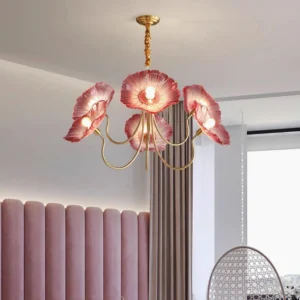 Pink frosted Murano glass flower chandelier installed in luxury bedroom with velvet accent wall