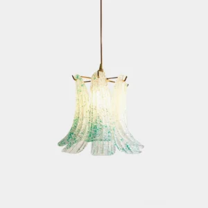 Handcrafted Murano glass lily pendant lamp with green speckled glass and brass hardware, front studio view with warm LED bulb