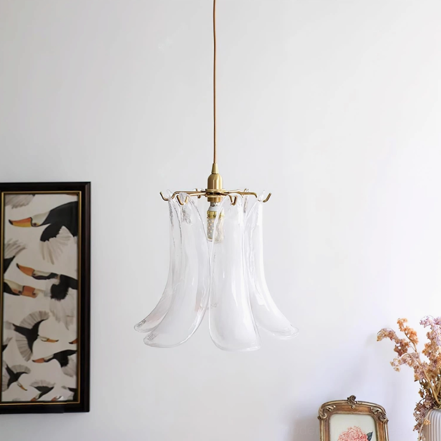 Murano glass lily pendant lamp architectural perspective showing scale and elegant silhouette in modern interior
