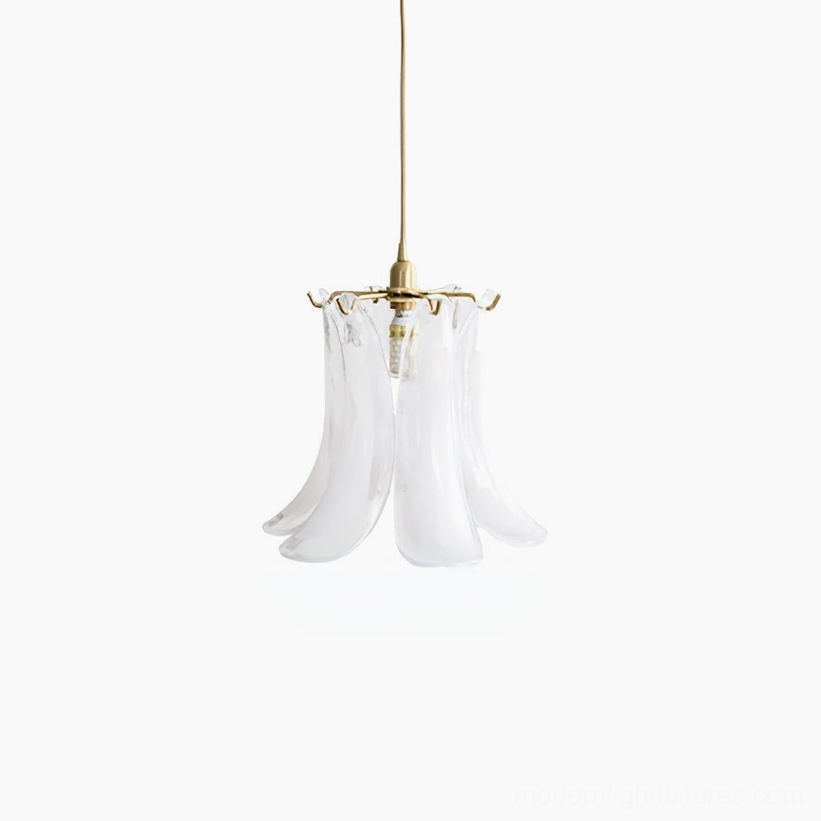 Handcrafted Murano glass pendant lamp in white with brass accents, home interior with minimalist modern design
