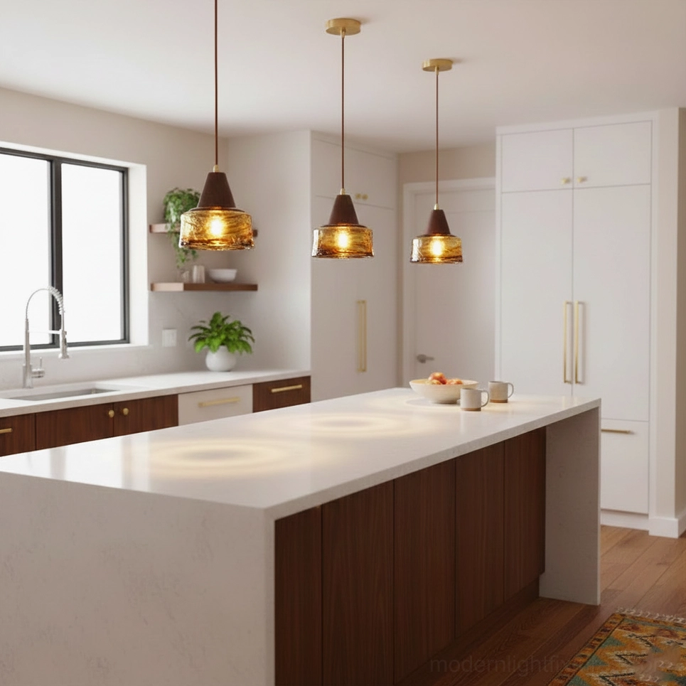 Multiple Murano amber glass pendant lights suspended over white kitchen counter