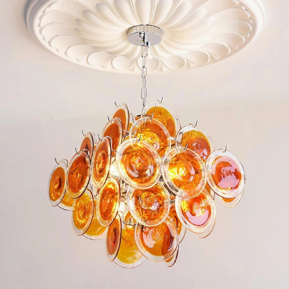 Murano-style hand-blown glass disc chandelier artistic installation showing sculptural presence in space