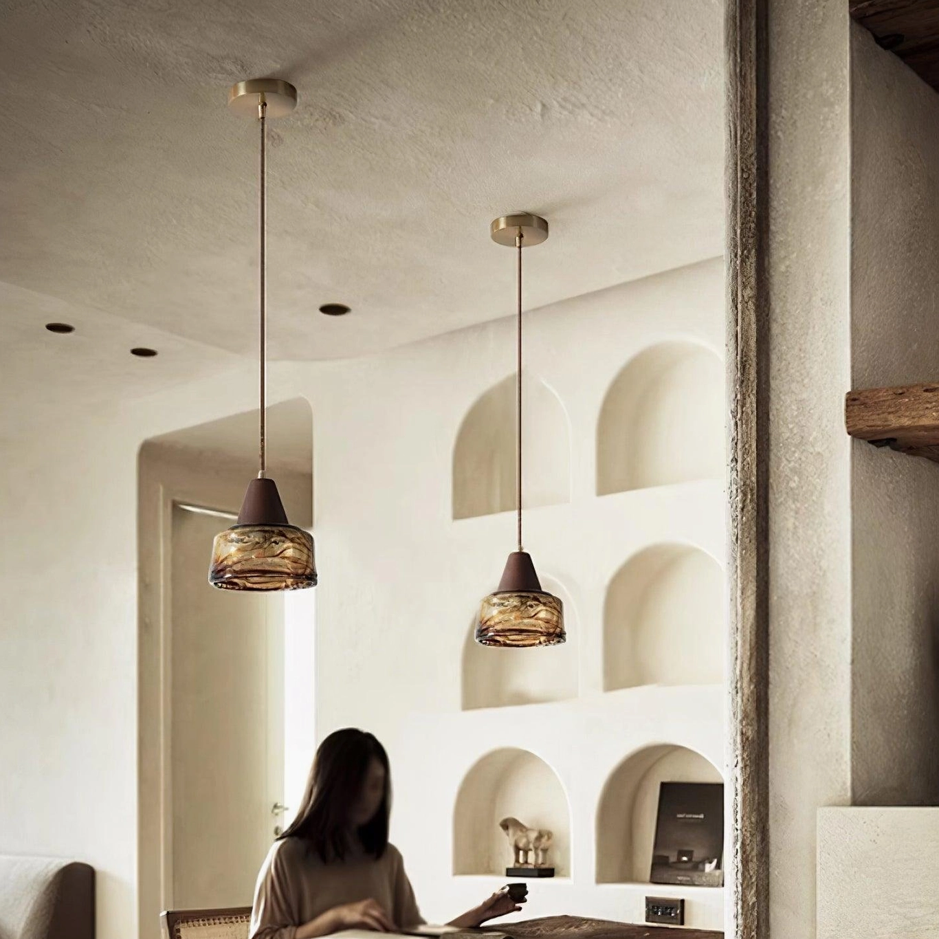 Murano hand-blown amber glass pendant light sculptural form