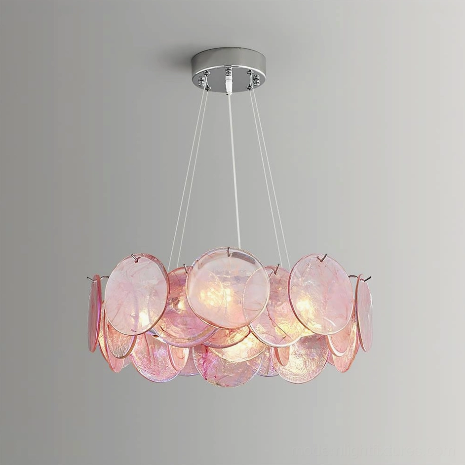 Murano style pink glass disc chandelier multiple view angles showing design details and proportions