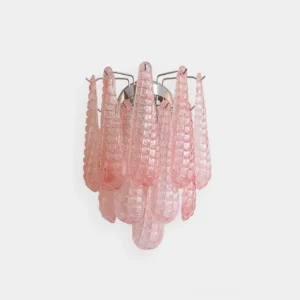 Murano glass wall sconce with pink textured teardrop pendants and chrome ceiling plate, front studio view
