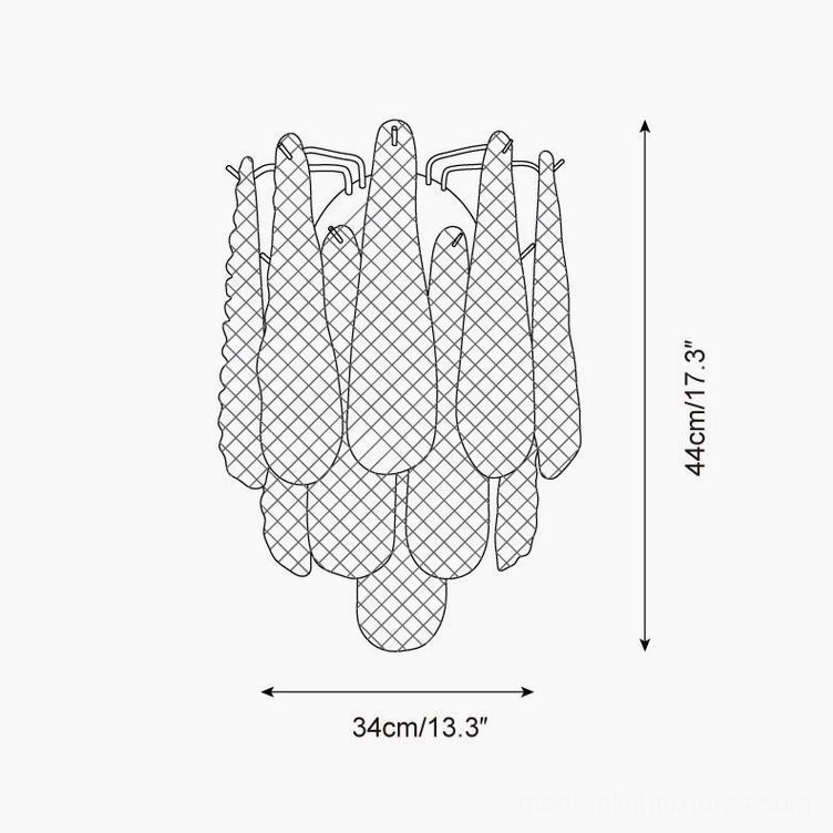 Murano glass wall sconce technical drawing schematic with dimensions 44cm height and 34cm width