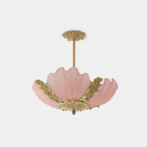 Vintage French Murano shell pendant light with pink frosted glass and brass leaf details, front studio view