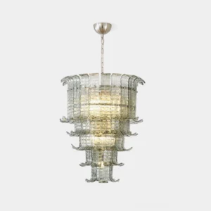 Murano glass tiered chandelier with brushed nickel hardware, waterfall design, studio lighting on white background