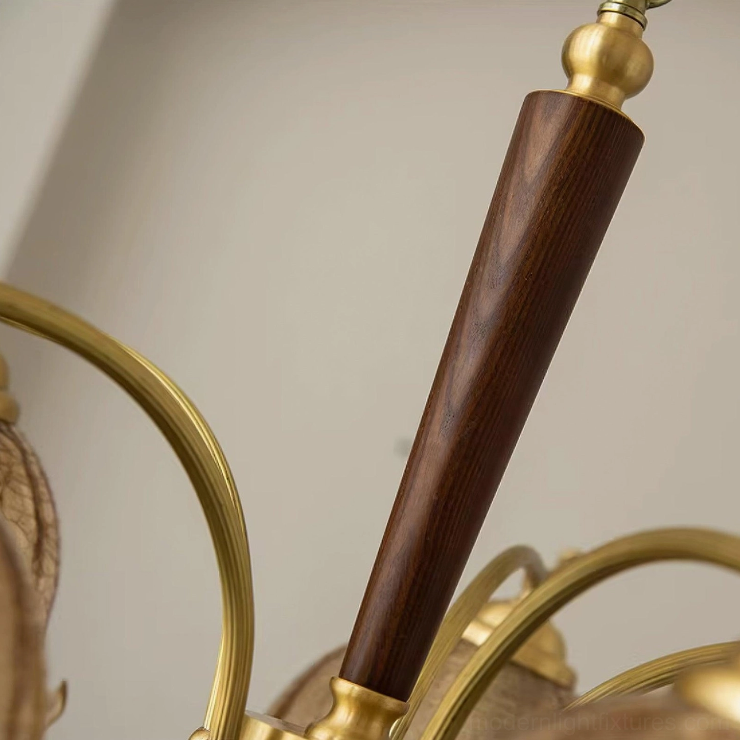 Murano vintage chandelier with ruffled cognac glass shades and walnut wood accent rod