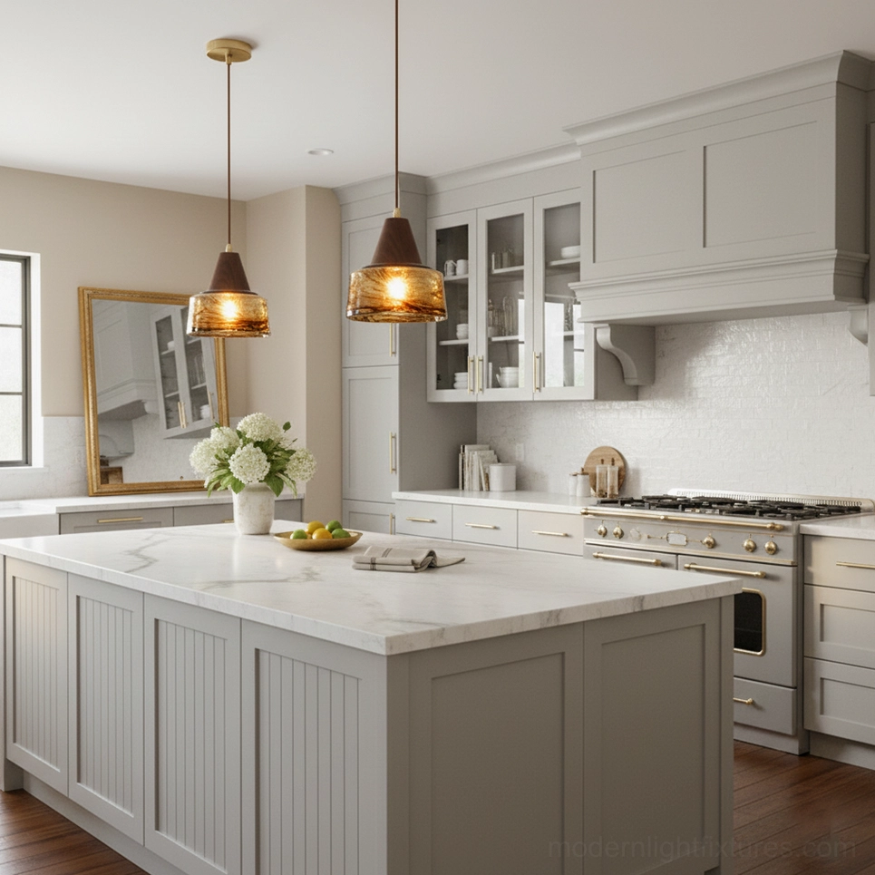 Two Murano glass pendant lights in vintage American-style kitchen with gray cabinetry