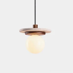 Murto single head travertine pendant light with frosted glass bulb and wooden accent in studio view