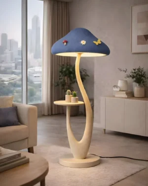Dusty blue mushroom floor lamp positioned in modern living room with floor-to-ceiling windows, beside neutral sofa, showing integrated side table function