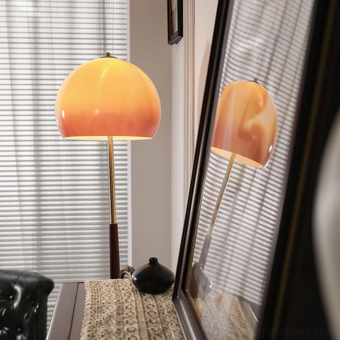 Vintage mushroom floor lamp creating atmospheric amber lighting in eclectic home interior setting