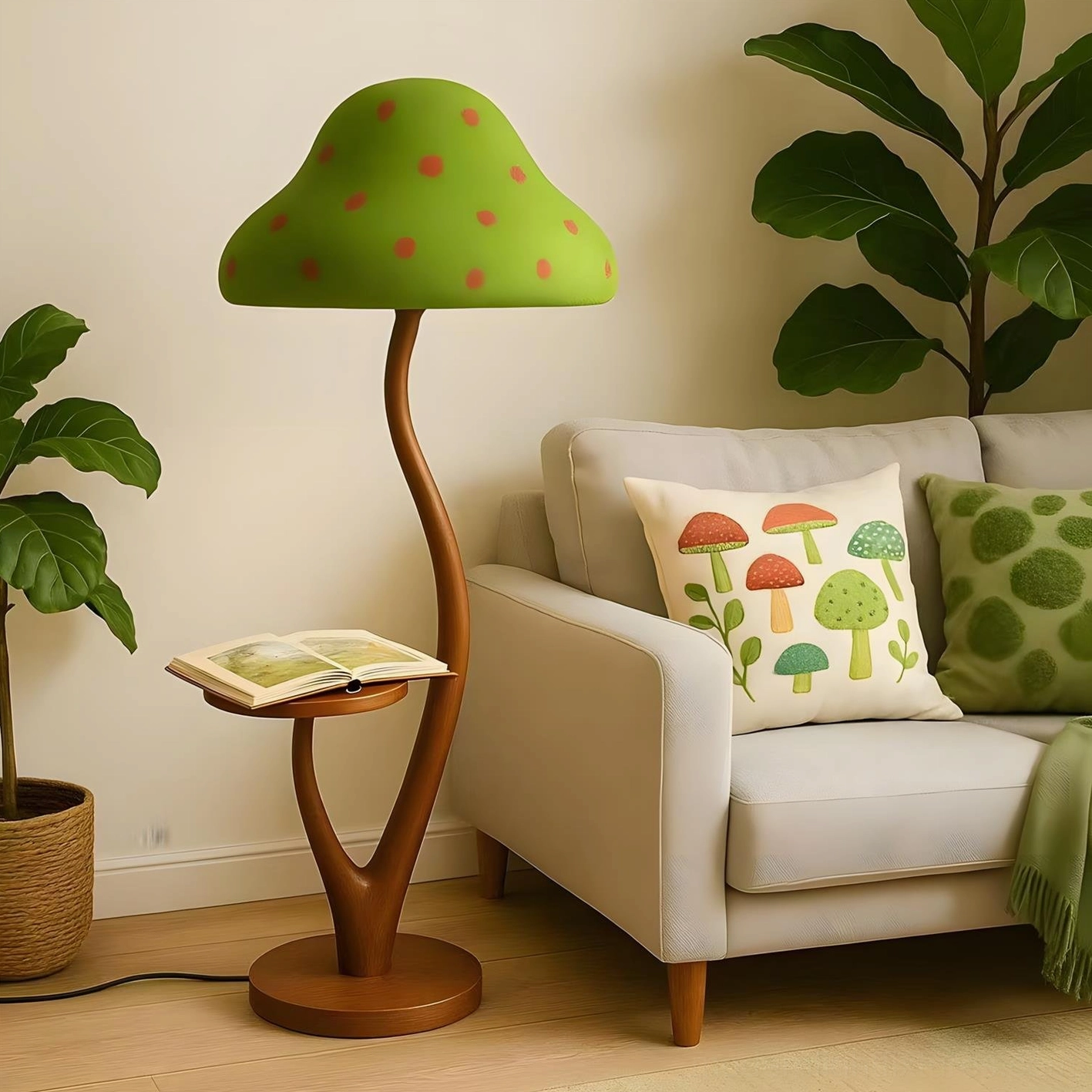 Forest green mushroom floor lamp with red polka dots and wooden stem showcasing whimsical design details and integrated side shelf storage feature
