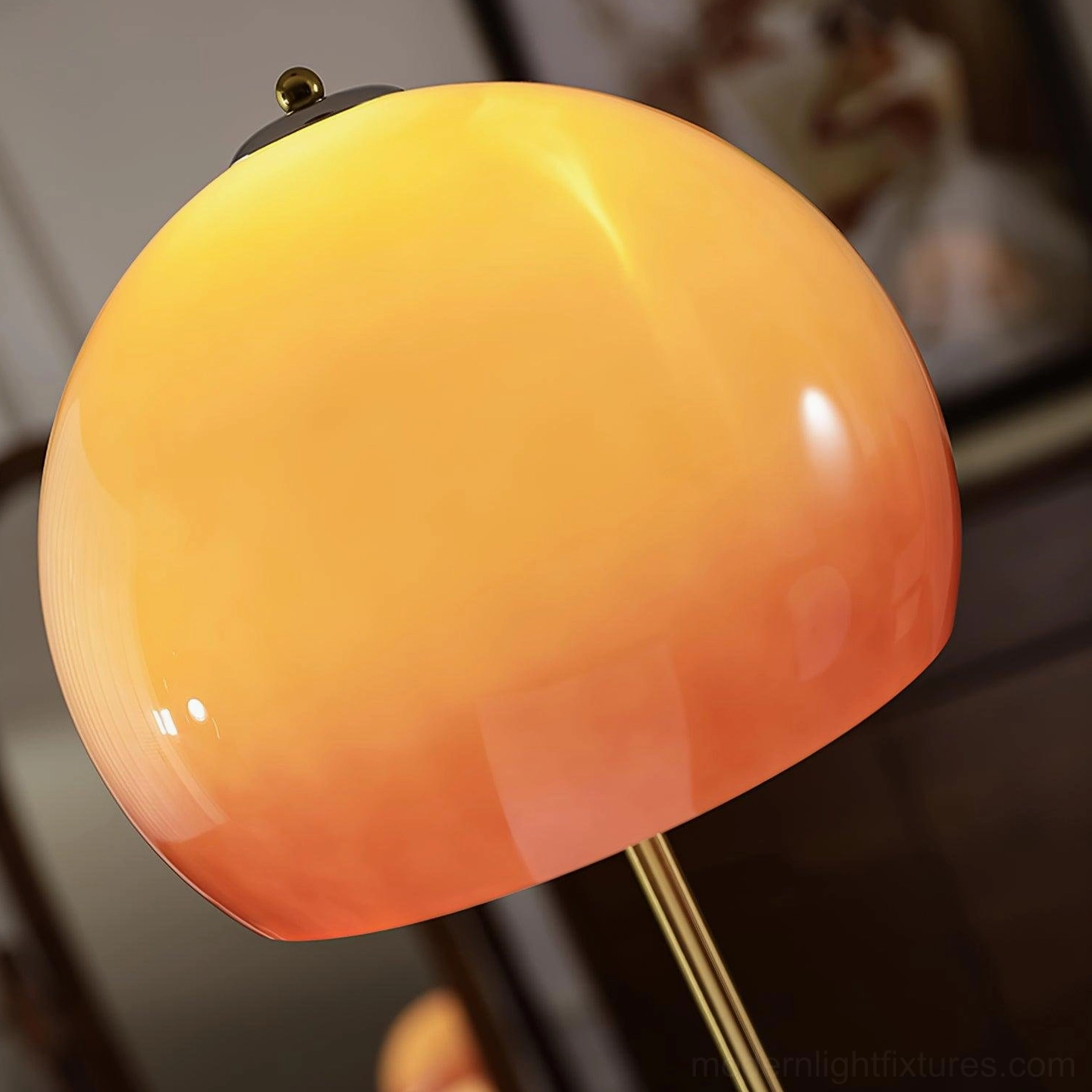 Mushroom floor lamp with caramel gradient shade lighting entryway corner in vintage-inspired home