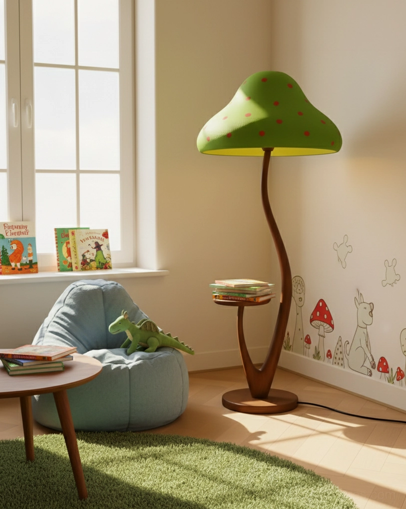 Artistic display of whimsical mushroom floor lamp showing forest green shade construction, wooden base, and ambient lighting capabilities for kids spaces