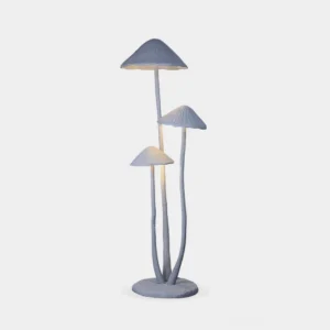 Modern mushroom sculptural floor lamp with three matte gray textured caps in studio lighting, front flat perspective view