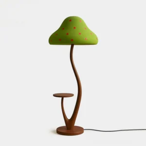 Whimsical mushroom floor lamp with forest green shade and red polka dots, featuring twisted wooden stem and integrated side table shelf – modern kids floor lamp front view