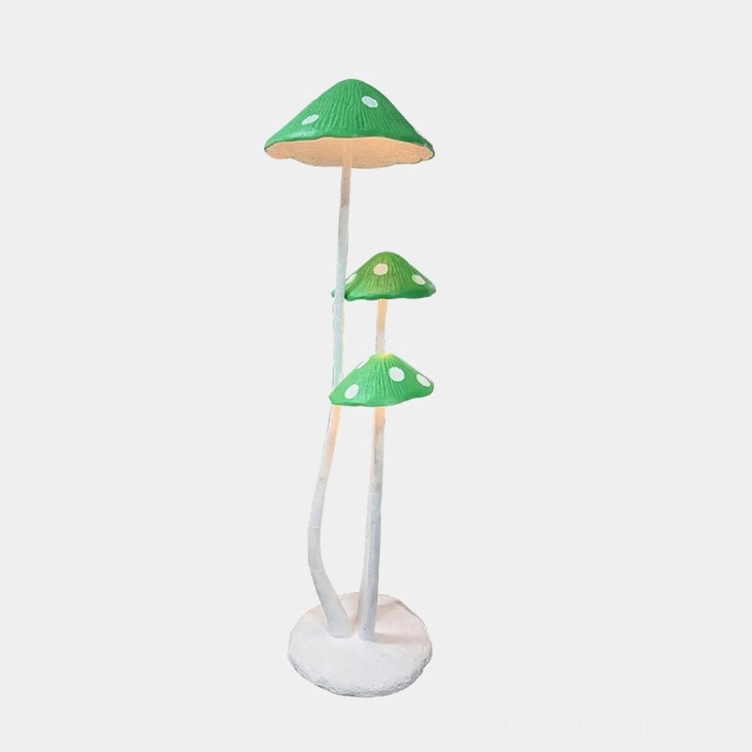 Modern sculptural mushroom floor lamp with green and white color finish, three-head design with integrated LED technology