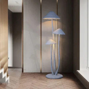 Sculptural mushroom floor lamp positioned in contemporary hallway with three lamp heads creating ambient lighting, eye-level side view
