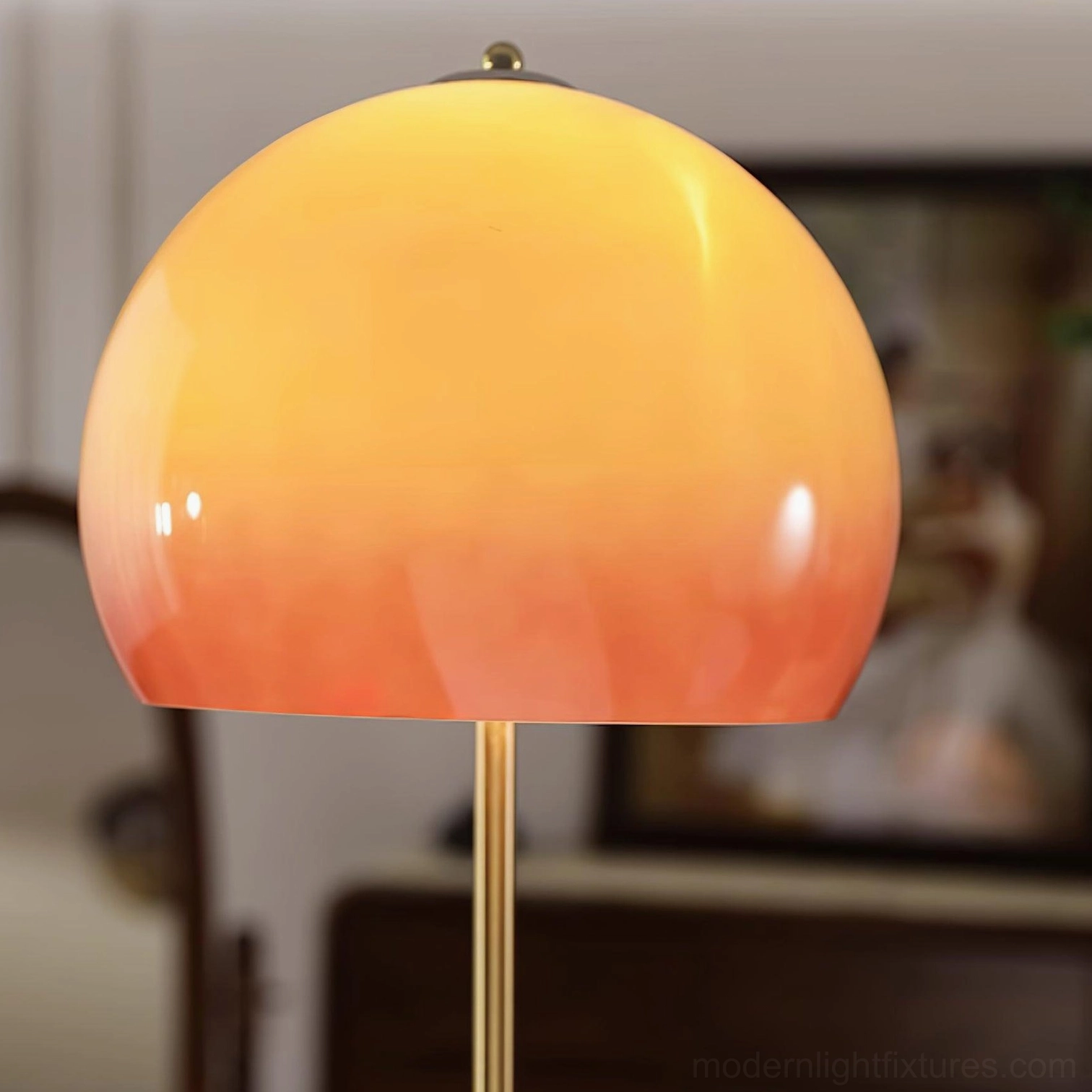 Illuminated mushroom floor lamp in home office corner providing warm ambient light for reading workspace