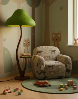 Mushroom-shaped floor lamp with side table creating warm ambient light in contemporary kids playroom with forest animal wallpaper and whimsical decor