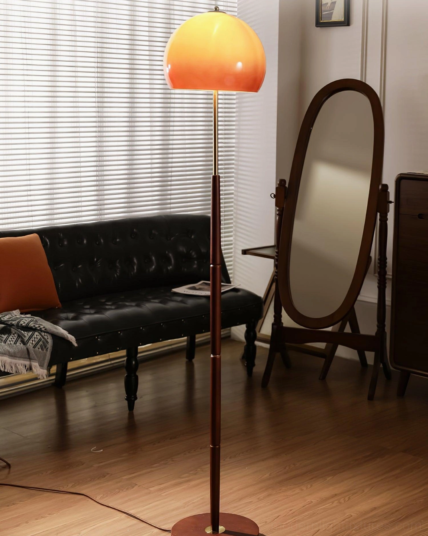 Illuminated mushroom floor lamp creating warm ambient light in mid-century modern living room setup