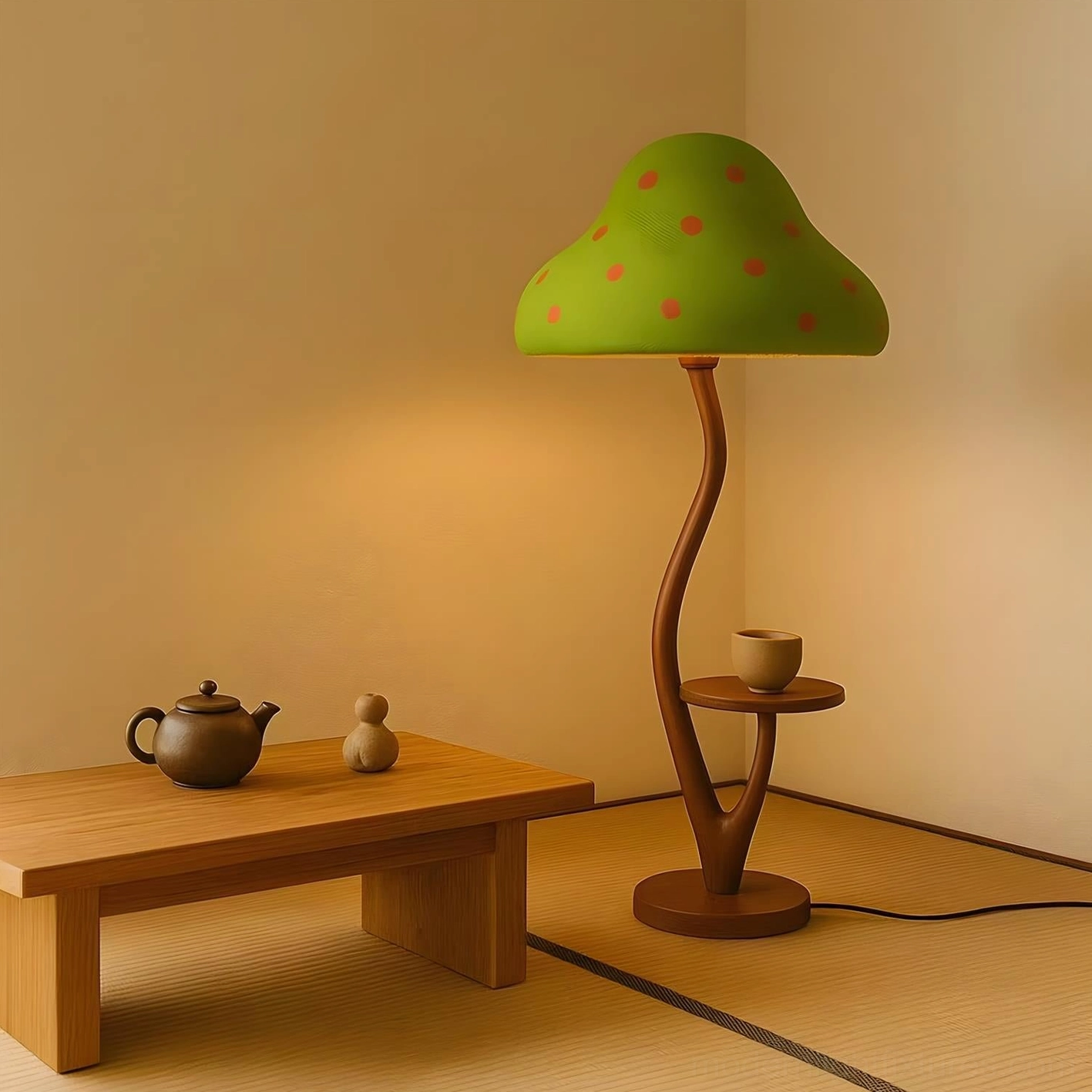 Modern minimalist mushroom floor lamp with side table in Japanese-inspired tatami room featuring natural wood tones and clean design aesthetic