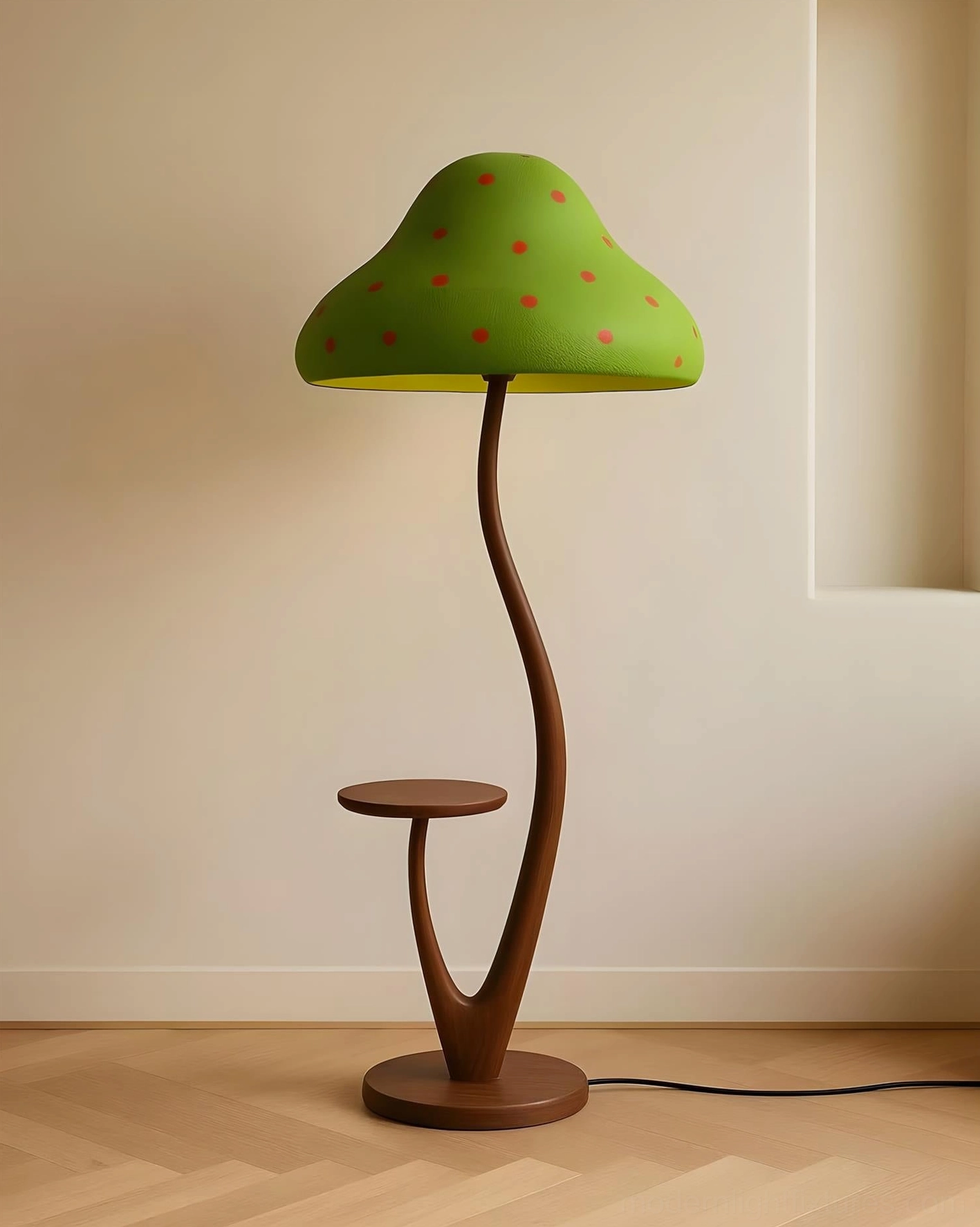 Green mushroom-shaped floor lamp with red polka dots and wooden side table in minimalist bedroom corner creating cozy reading nook
