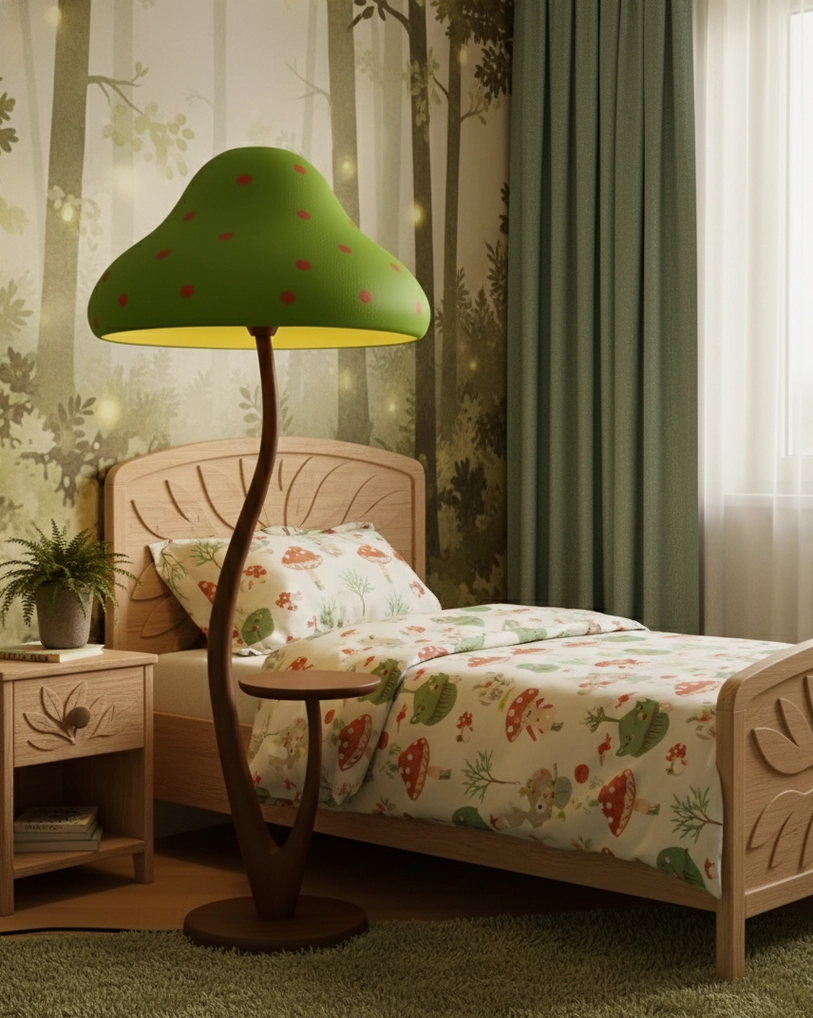 Mushroom floor lamp with integrated side shelf providing soft warm light in contemporary kids bedroom with forest-themed bedding and nursery decor
