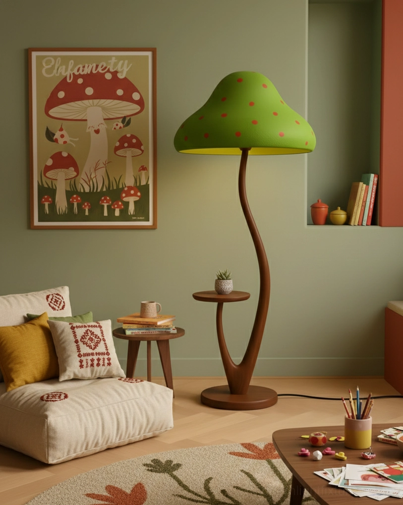 Contemporary mushroom-shaped floor lamp with side table in vibrant home office space featuring green shade with light green spots and natural wood finish