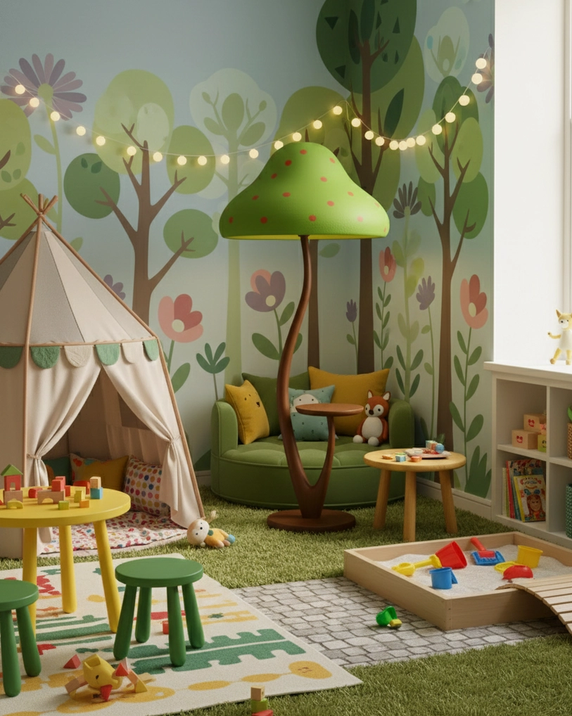 Whimsical mushroom floor lamp providing soft illumination in playful kids playroom with tent structure, tree murals, and preschool decor