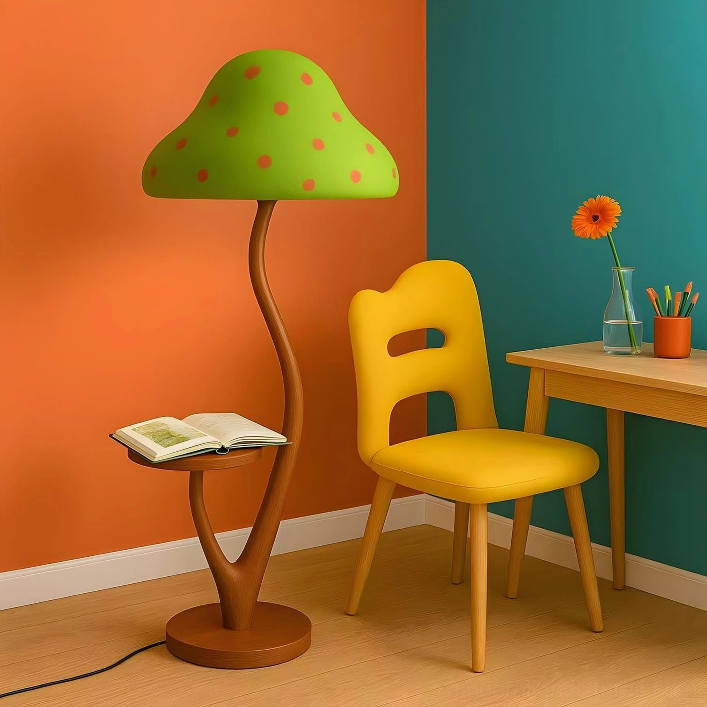 Modern whimsical mushroom floor lamp with forest green shade displayed in bright home study corner with wooden side table functional design