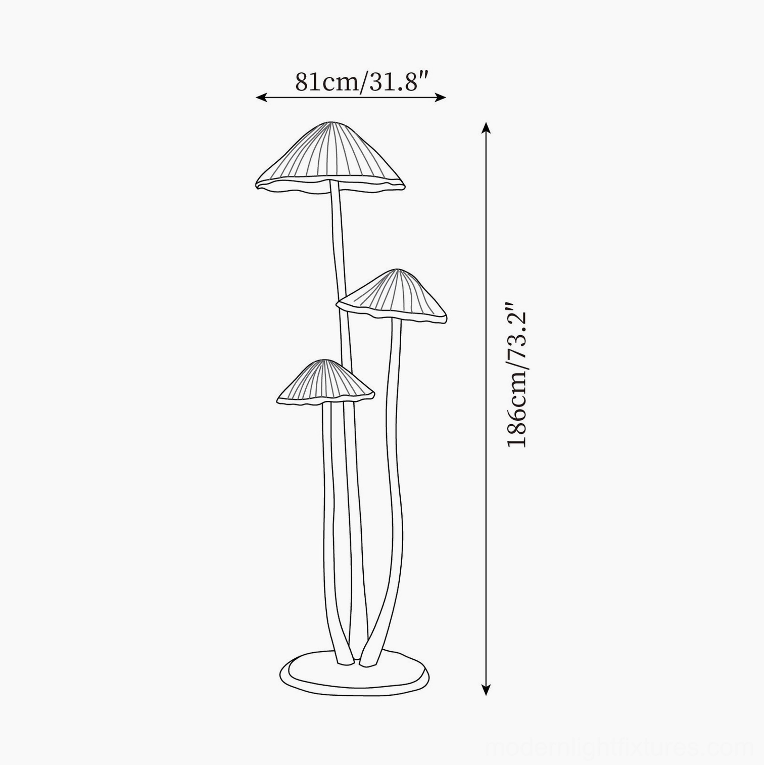 Technical schematic orthographic line drawing of mushroom floor lamp showing 186cm height and 81cm width specifications
