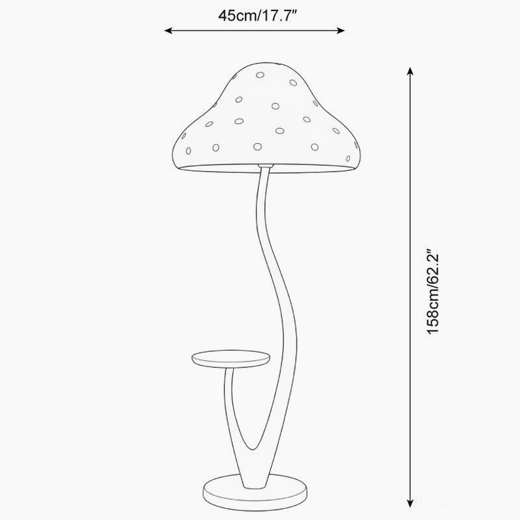 Technical dimension diagram of mushroom floor lamp showing 158cm height and 45cm shade width specifications with measurement lines