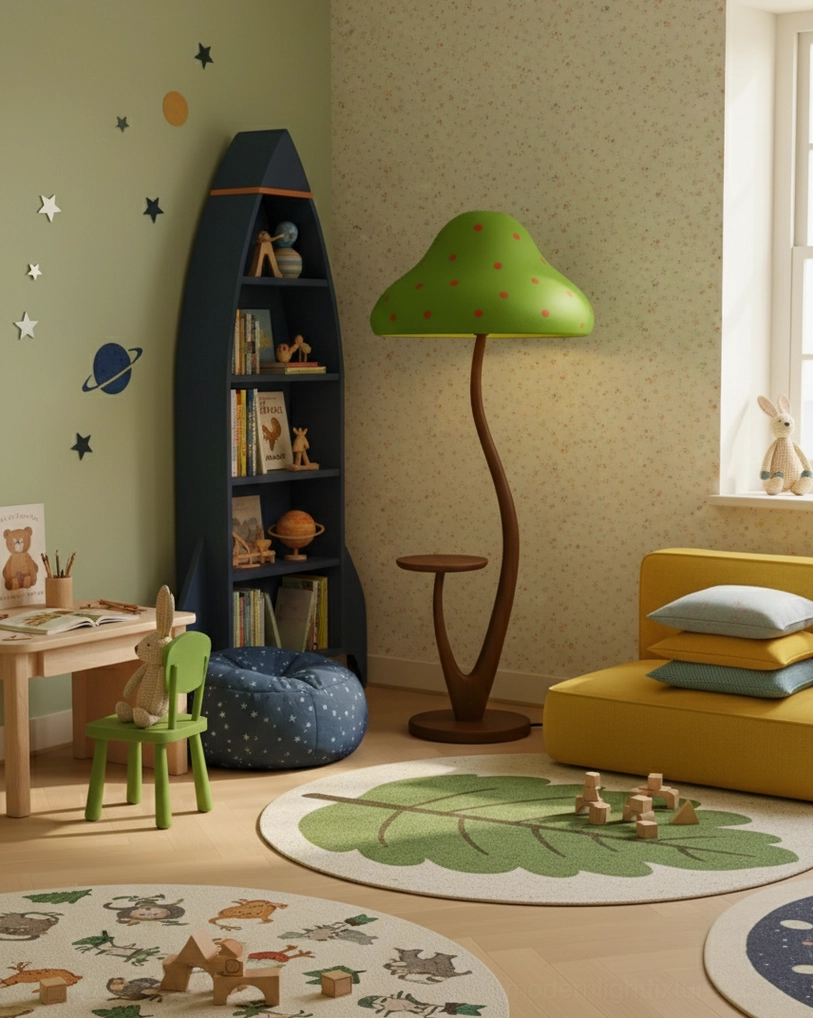 Mushroom floor lamp with twisting wooden pole and charming side table creating enchanting forest-inspired atmosphere in modern living space