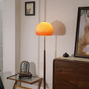 Vintage mushroom floor lamp with warm amber lighting in retro living room corner with tufted leather sofa