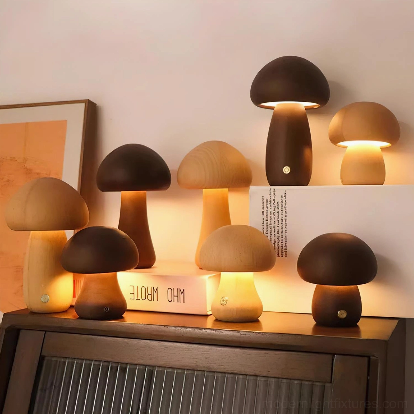 Wooden mushroom table lamp back view showing complete product design and USB charging port location