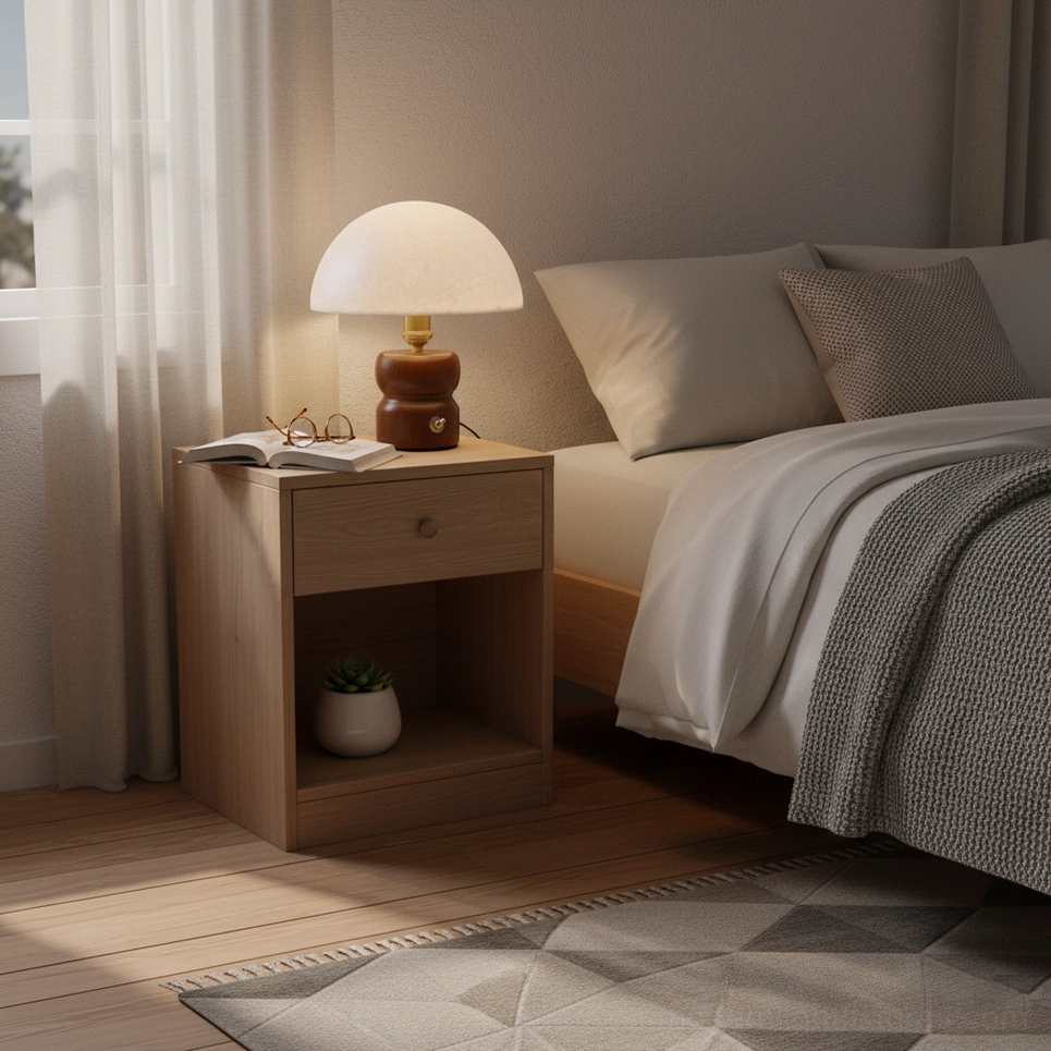 Bedside mushroom table lamp with warm light on wooden nightstand surrounded by books and potted plant