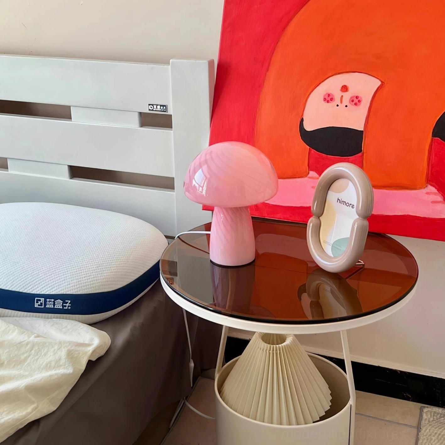Contemporary mushroom glass table lamp bedside bedroom interior styling setup
