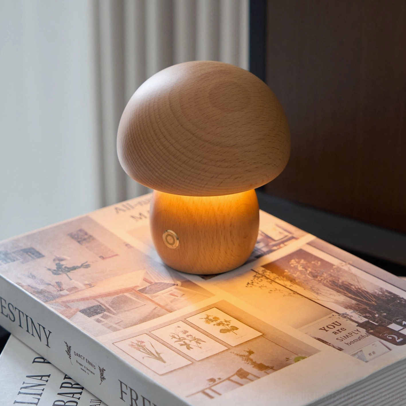 Wooden mushroom table lamp botanical garden aesthetic showing nature-inspired biophilic design appeal