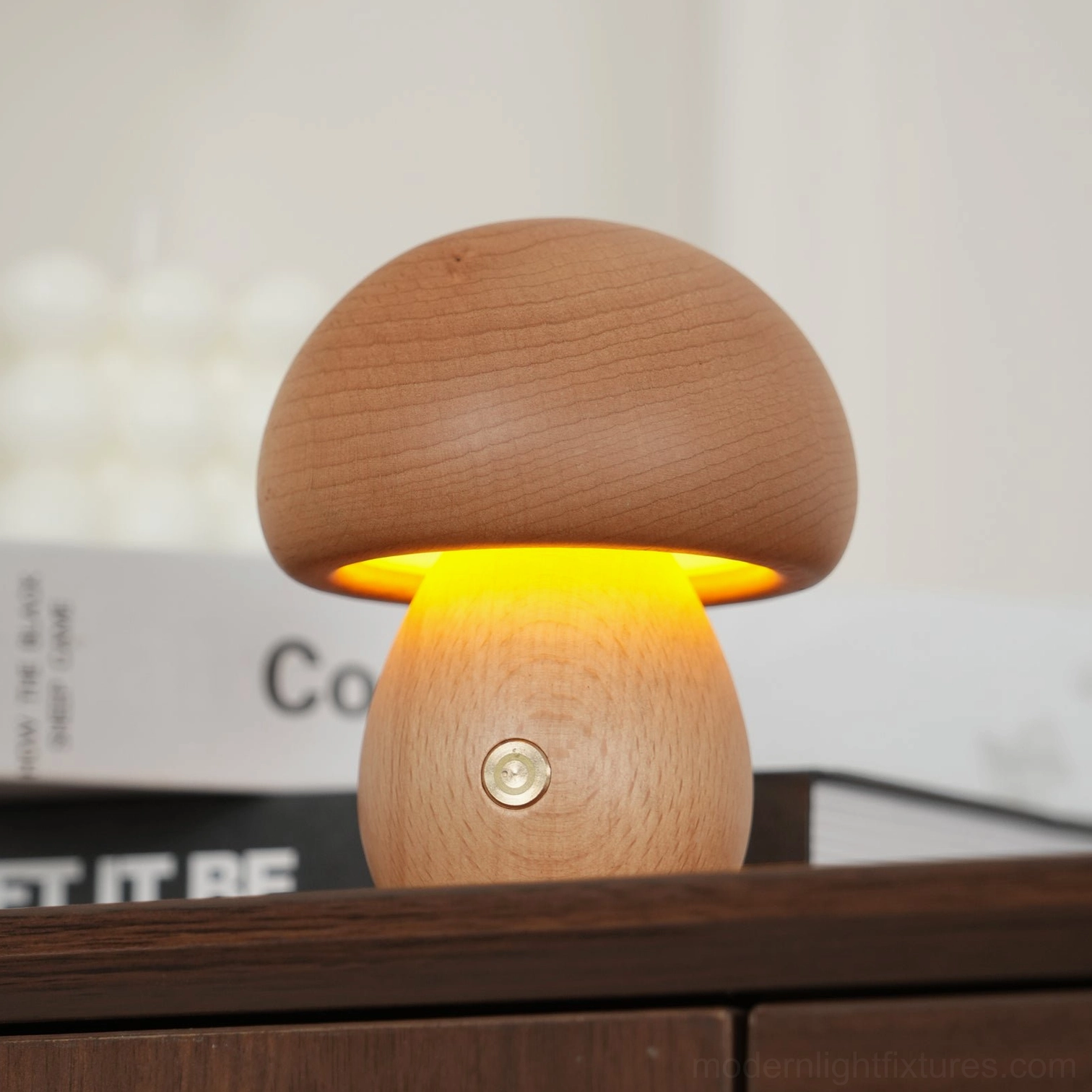 Wooden mushroom table lamp collection mixing walnut and natural wood finishes for interior design flexibility