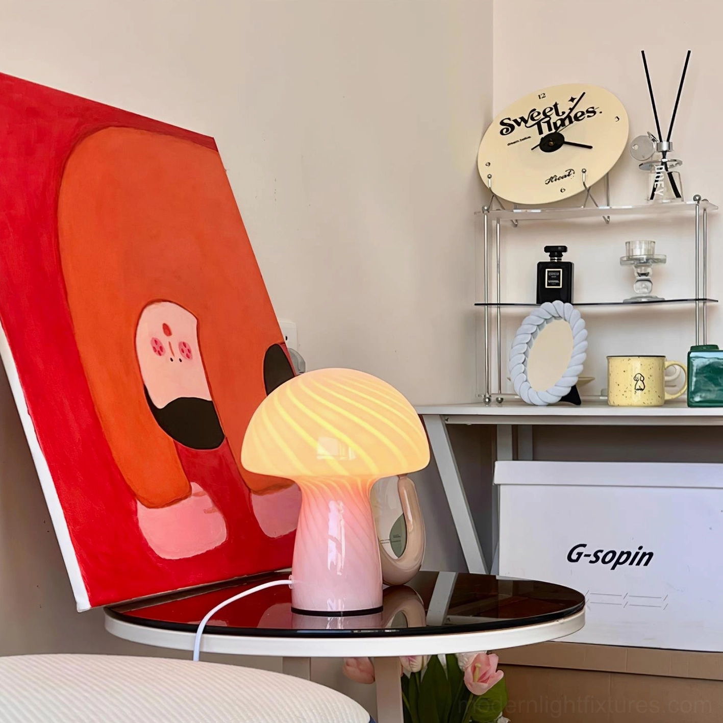 Compact striped mushroom table lamp dimensions specifications 20cm diameter 24cm height