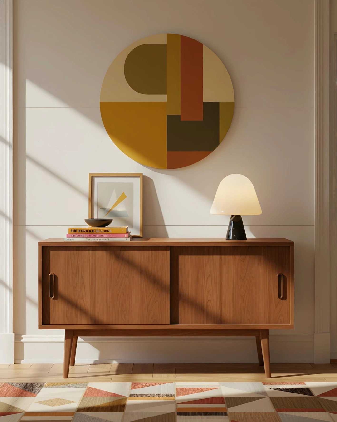 Modern mushroom table lamp on wooden console table in mid-century entryway with geometric wall art, welcoming ambient lighting