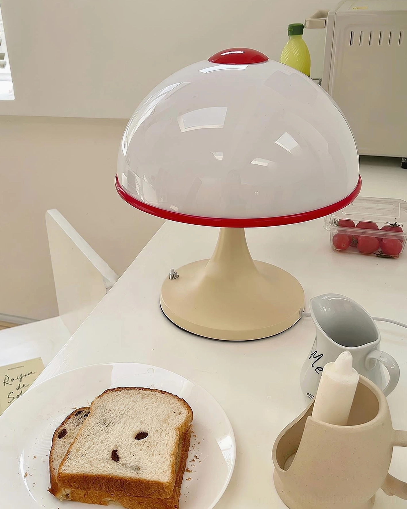 Mushroom table lamp kitchen dining table breakfast setting warm ambient lighting