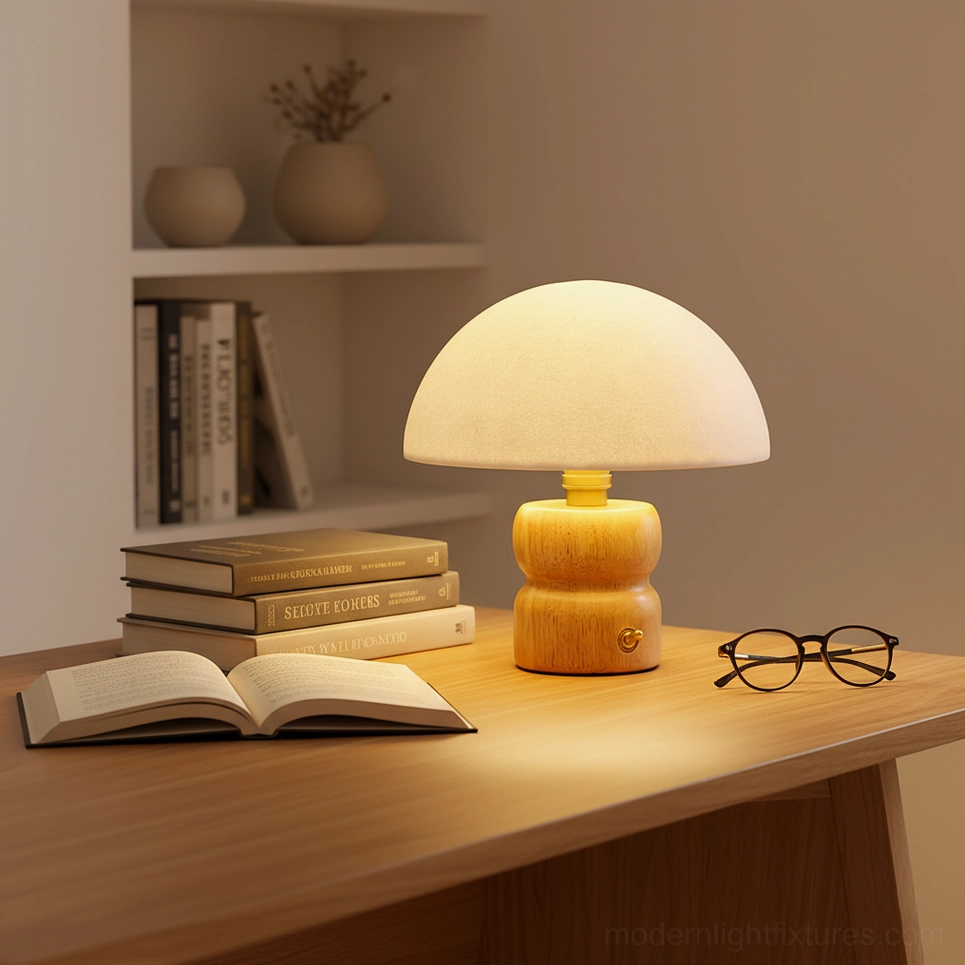 Natural wood mushroom table lamp with E14 socket compatibility for LED or incandescent bulbs